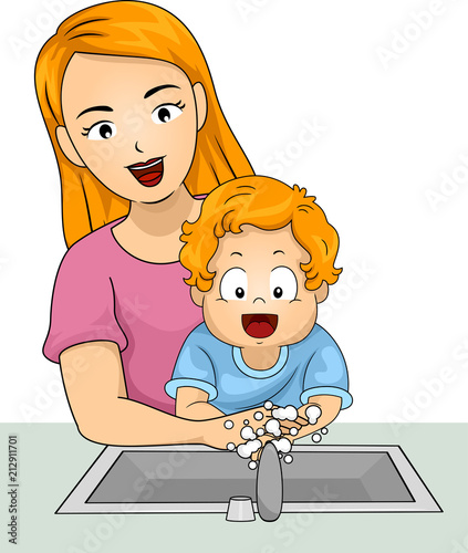 Toddler Boy Mom Wash Hands Illustration