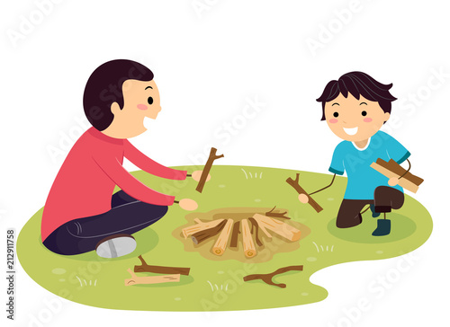 Stickman Kid Boy Father Build Camp Fire