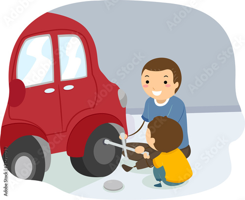 Stickman Kid Boy Father Change Tire Illustration