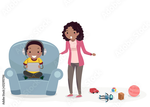 Stickman Kid Boy Mom Tell Clean Toys Illustration