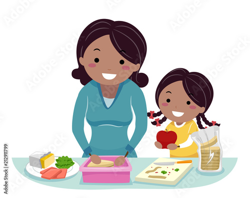 Stickman Kid Girl Mom Healthy Snack Illustration