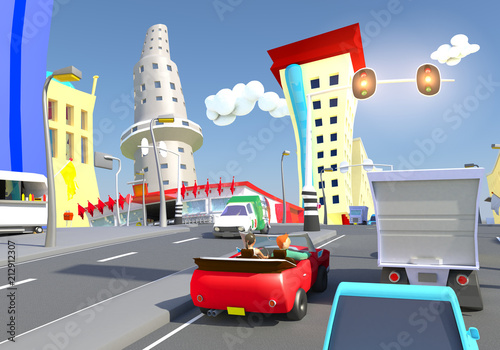 Stylized 3D Cartoon city traffic on a crossing with traffic lights and supermarket, between some buildings, 3D Rendering 