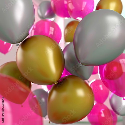 Balloons Silver Gold and Pink, gas filled, floating around, 3D Rendering