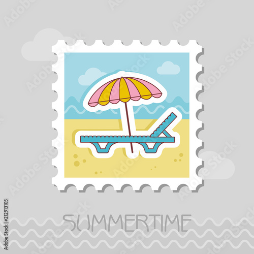 Beach chaise lounge with umbrella stamp. Vacation