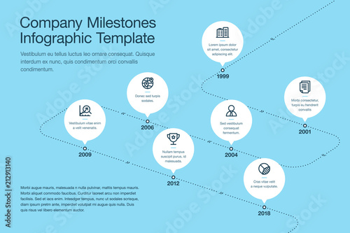 Simple visualization for company milestones timeline template with white circles and stroke icons on a curved road line - blue version. Easy to use for your website or presentation.