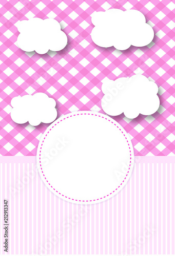 Ready-made layout - pink baby metric with cute cartoon clouds and badge on ca...