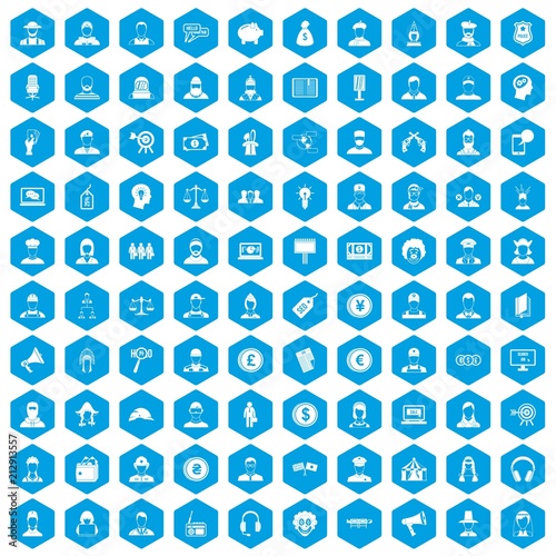 100 headhunter icons set in blue hexagon isolated vector illustration