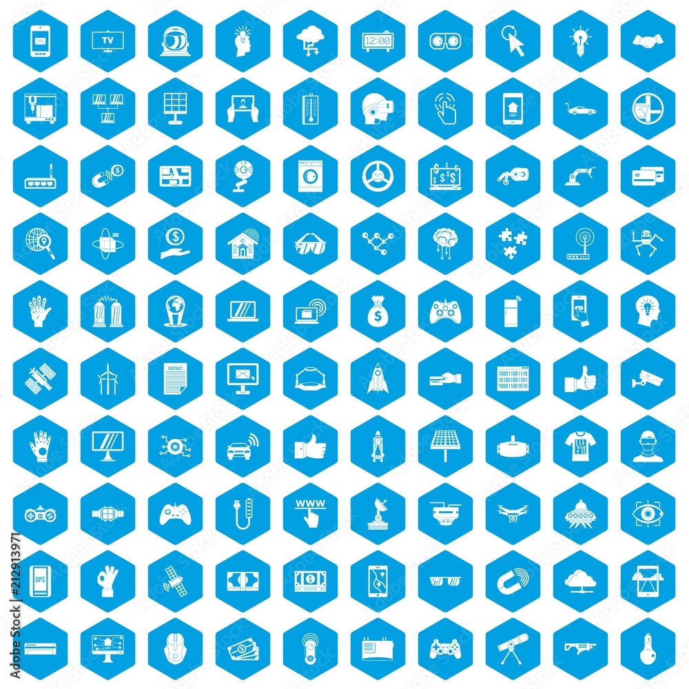 100 hi-tech icons set in blue hexagon isolated vector illustration 100 hi-tech icons set in blue hexagon isolated vector illustration