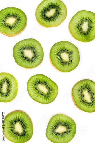 Kiwi fruit Slices macro.  Ripe Kiwi fruit isolated on white background. Fresh tropical abstract background