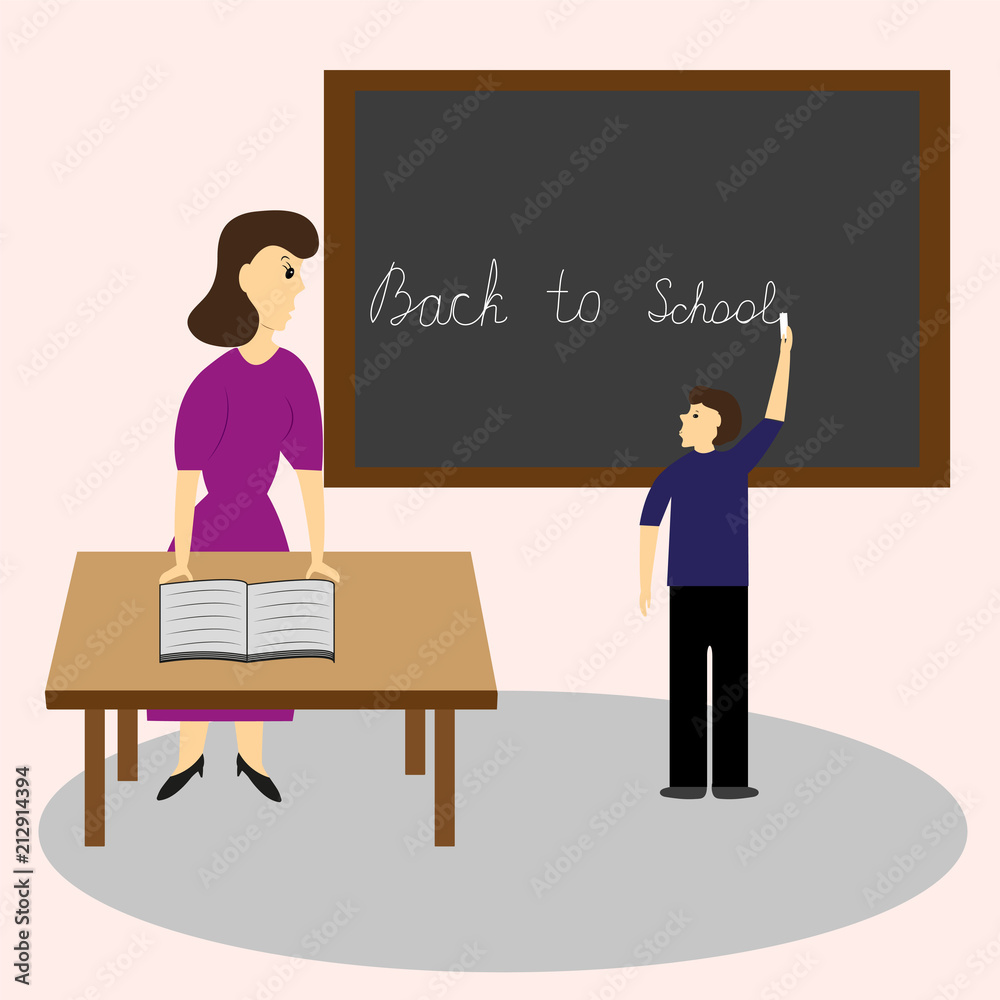 A school teacher and student at the blackboard write the text. A school teacher and student at the blackboard write the text.