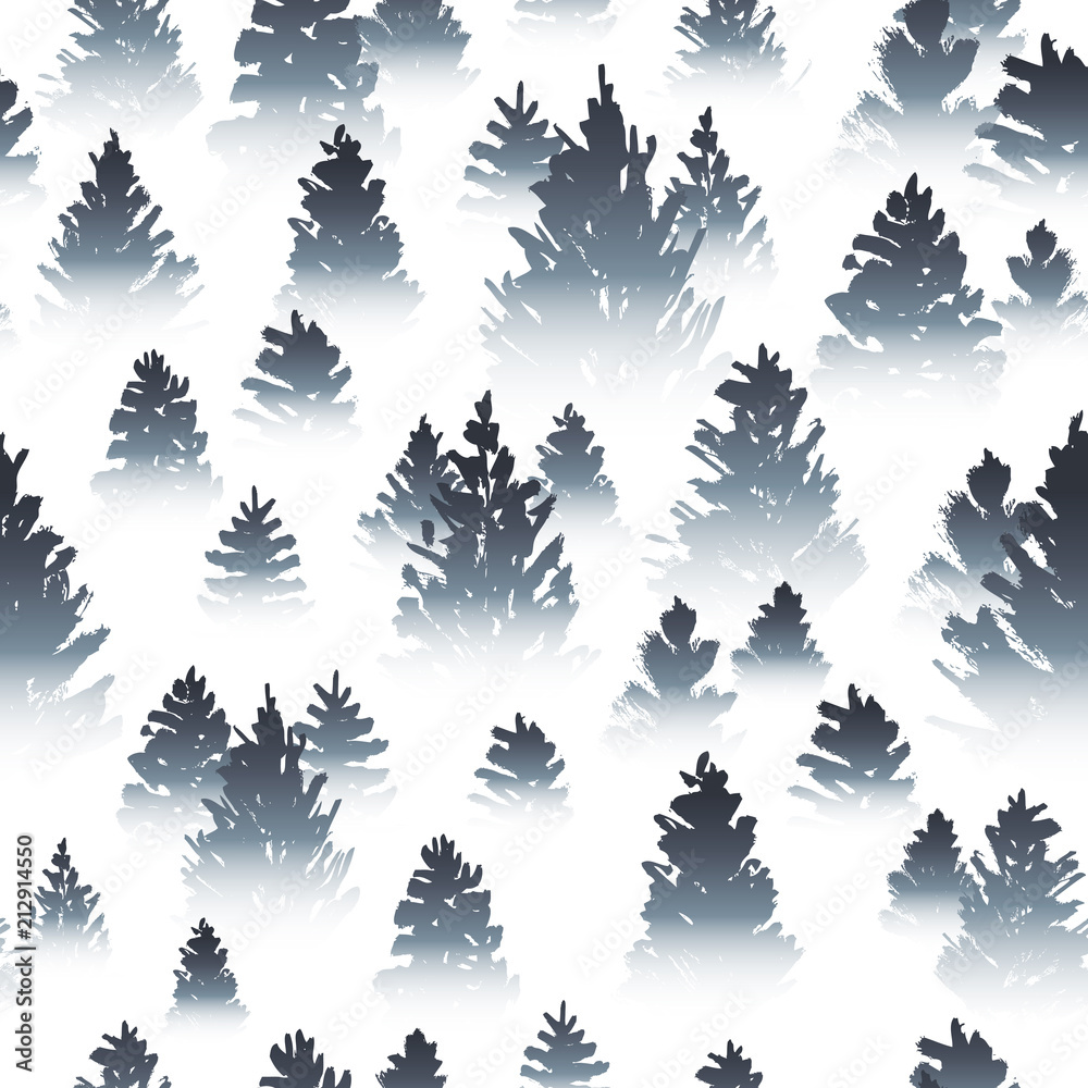 Seamless pattern with misty coniferous forest sketches on white background