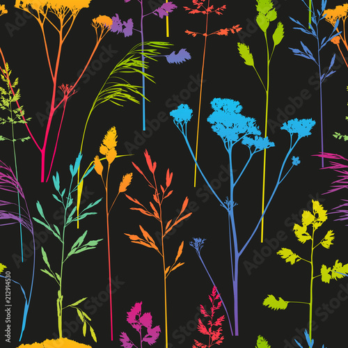 Seamless pattern with herbal silhouettes on dark background