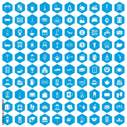 100 inn icons set in blue hexagon isolated vector illustration
