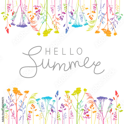 Summer background with rainbow herbal silhouettes