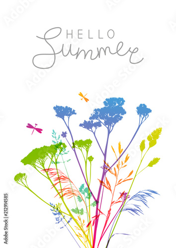 Summer background with rainbow herbal silhouettes