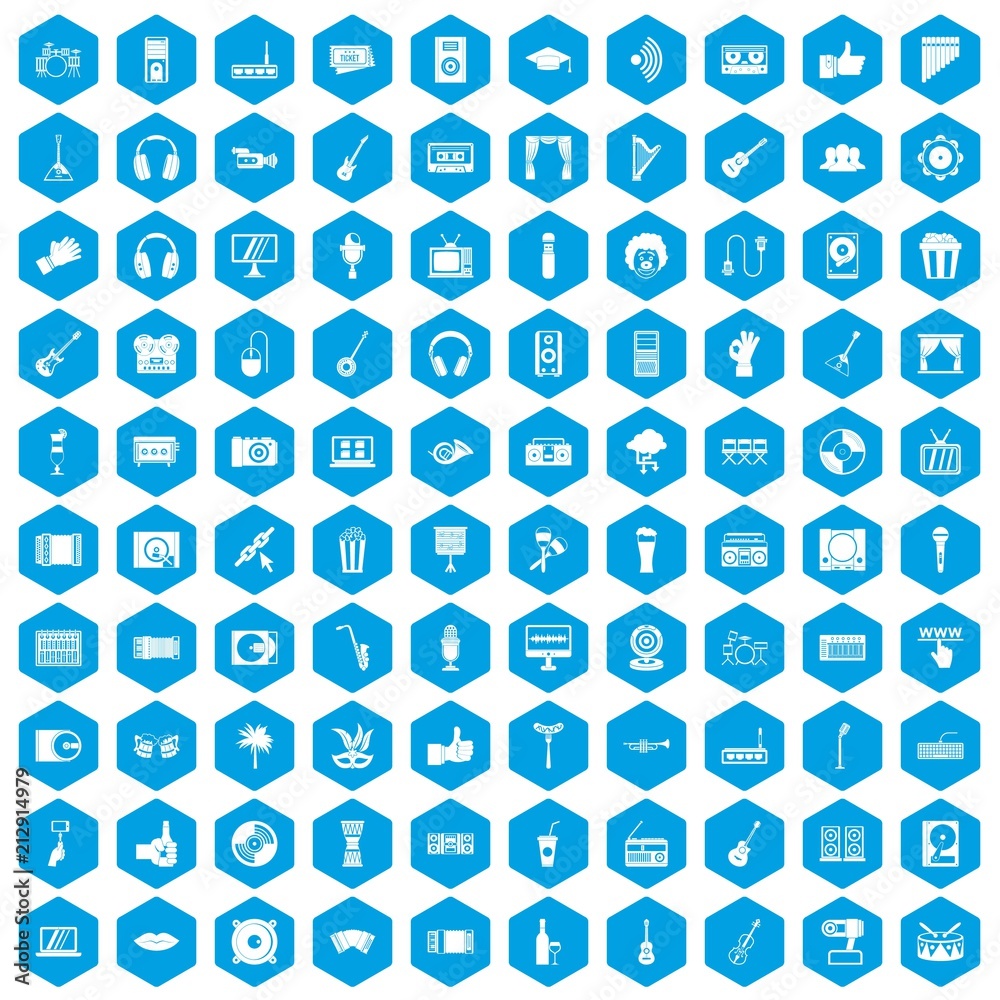 100 karaoke icons set in blue hexagon isolated vector illustration 100 karaoke icons set in blue hexagon isolated vector illustration