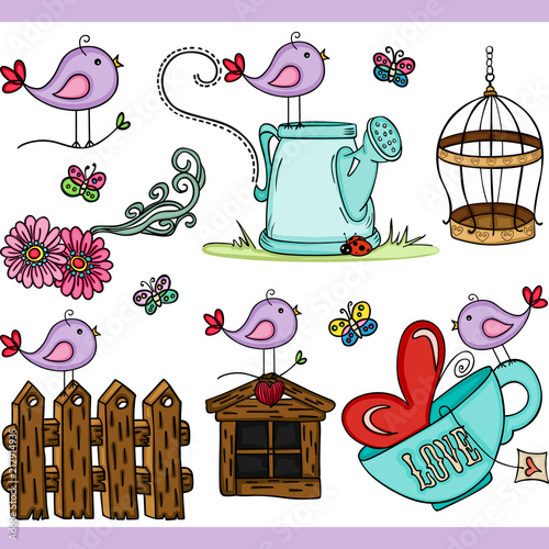 Purple bird set digital elements
