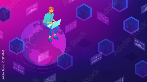 Isometric big data architect designer working on laptop sitting on the globe. Big data architecture, storage, service and analysis vector 3D isometric illustration on ultraviolet background.