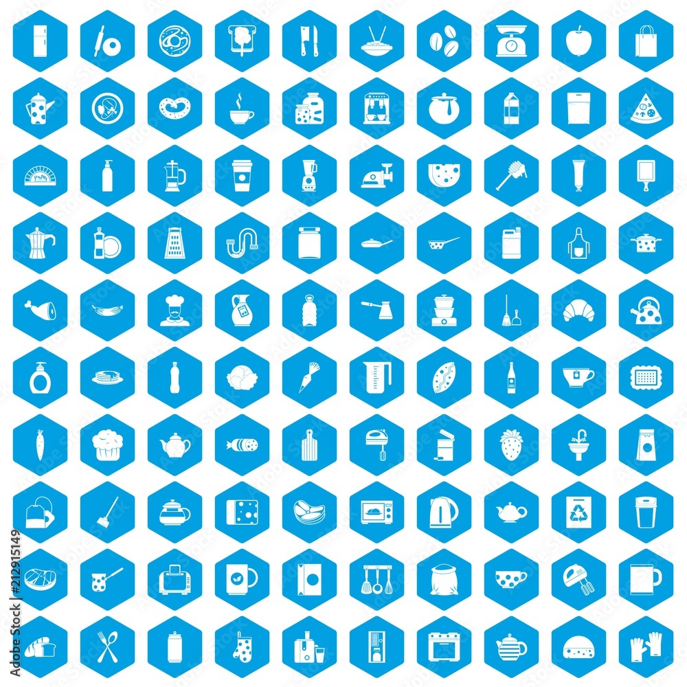 100 kitchen icons set in blue hexagon isolated vector illustration 100 kitchen icons set in blue hexagon isolated vector illustration