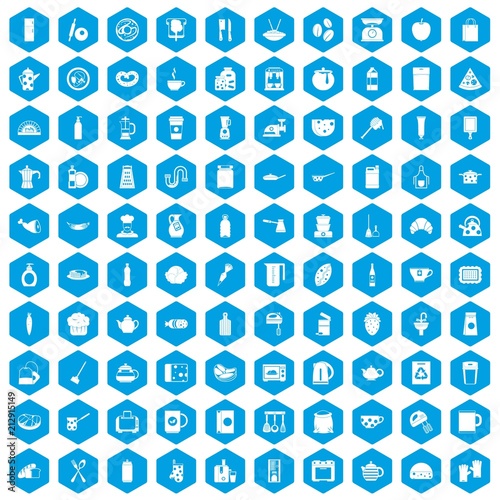 100 kitchen icons set in blue hexagon isolated vector illustration photo