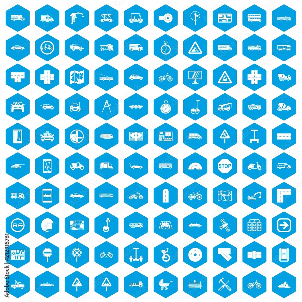 100 location icons set in blue hexagon isolated vector illustration 100 location icons set in blue hexagon isolated vector illustration