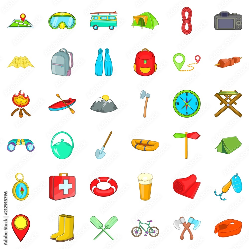 Camping icons set. Cartoon style of 36 camping vector icons for web isolated on white background Camping icons set. Cartoon style of 36 camping vector icons for web isolated on white background