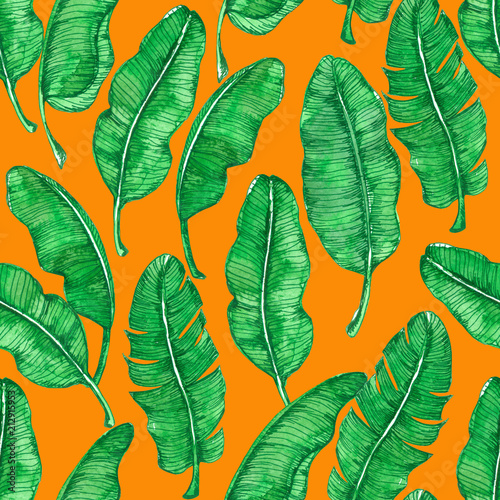 Seamless pattern made of banana leaves painted with watercolor and ink.
