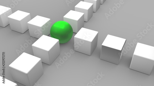 2 Reihen Würfel treffen sich. Eine grüne Kugel bildet die Schnittmenge. Symbol für Anführer und Vermittler
