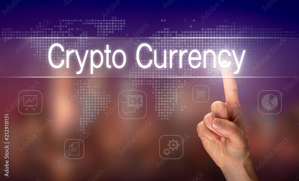 A hand selecting a Crypto Currency business concept on a clear screen with a colorful blurred background. A hand selecting a Crypto Currency business concept on a clear screen with a colorful blurred background.