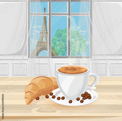 Coffee cup and croissant with Eiffel Tower view on the window. Vector