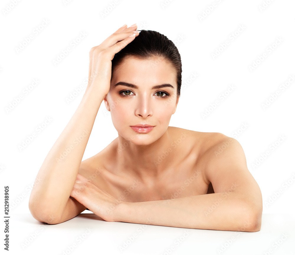 Perfect Woman with Healthy Skin on White Background, Natural Brunette Beauty