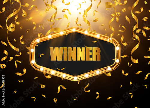 Retro light banner. Vector frame. Winner background with gold glitter texture.