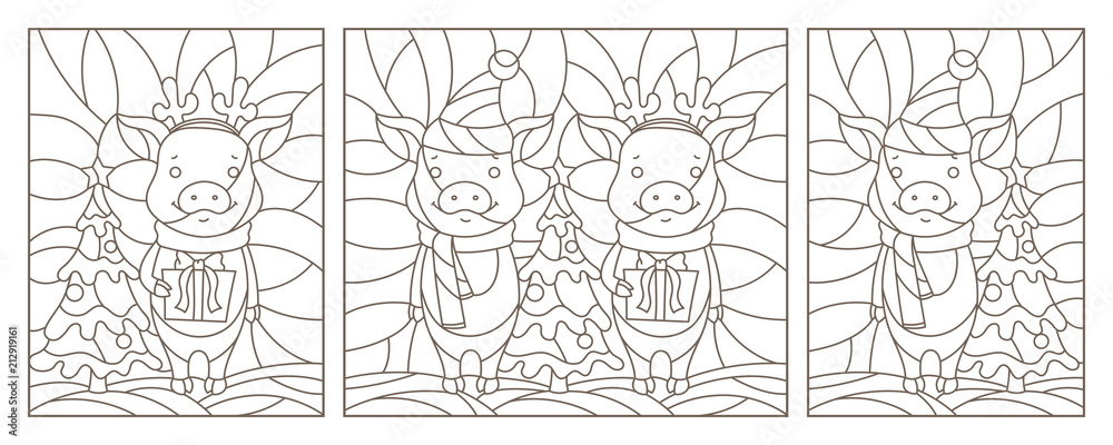 Set of contour illustrations for the new year, funny pigs, dark contours on a white background Set of contour illustrations for the new year, funny pigs, dark contours on a white background