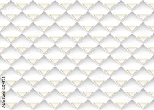 3d rendering. seamless golden triangle pattern on white square panels wall background.