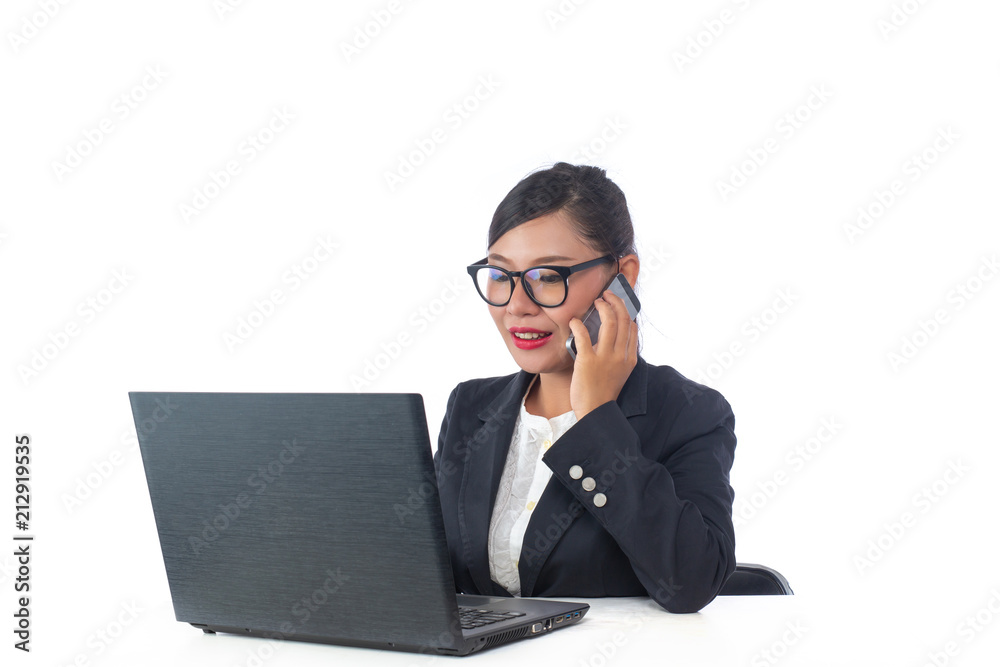 Business woman looking at the phone, analyzing the white background. Business woman looking at the phone, analyzing the white background.