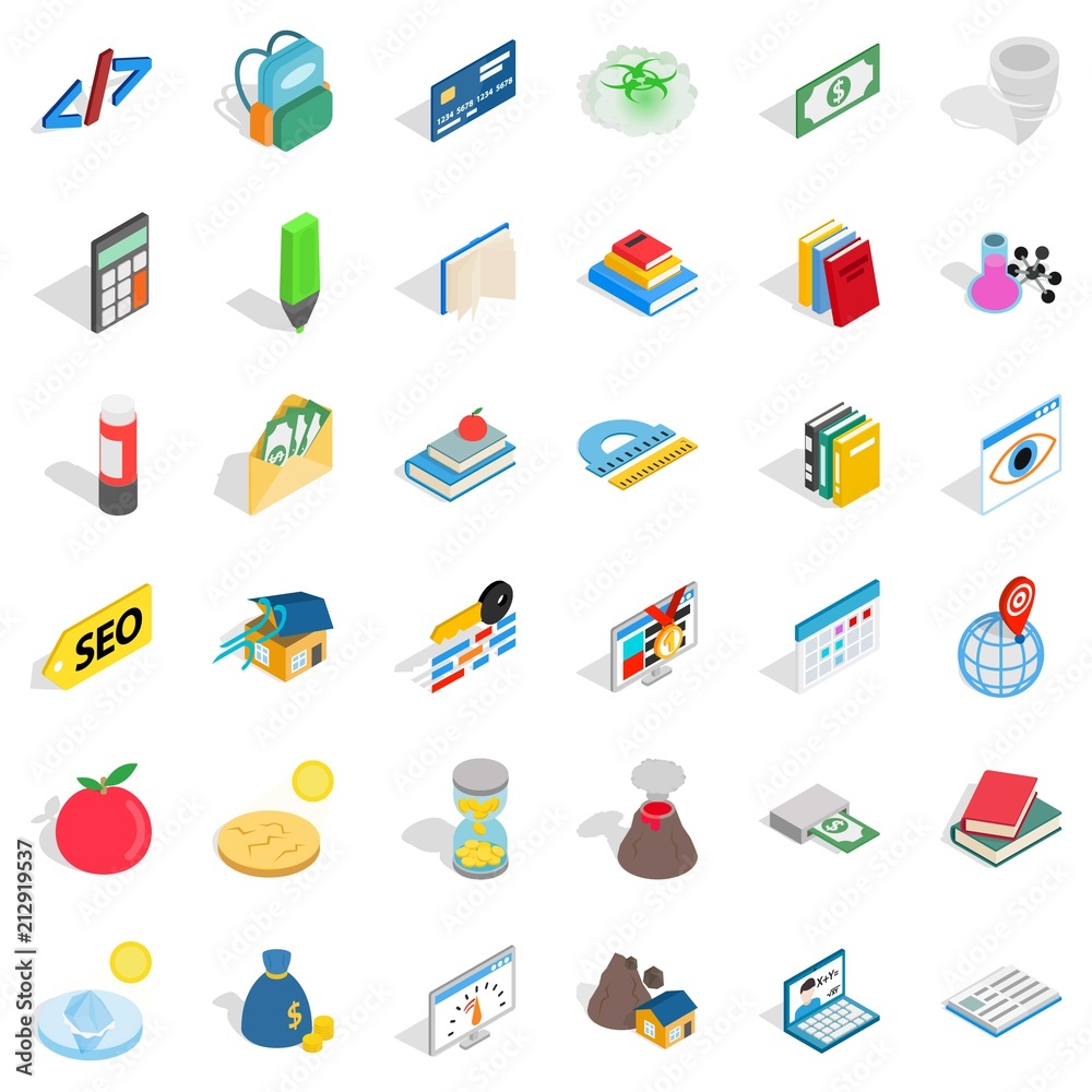 Studying chemistry icons set. Isometric style of 36 studying chemistry vector icons for web isolated on white background Studying chemistry icons set. Isometric style of 36 studying chemistry vector icons for web isolated on white background