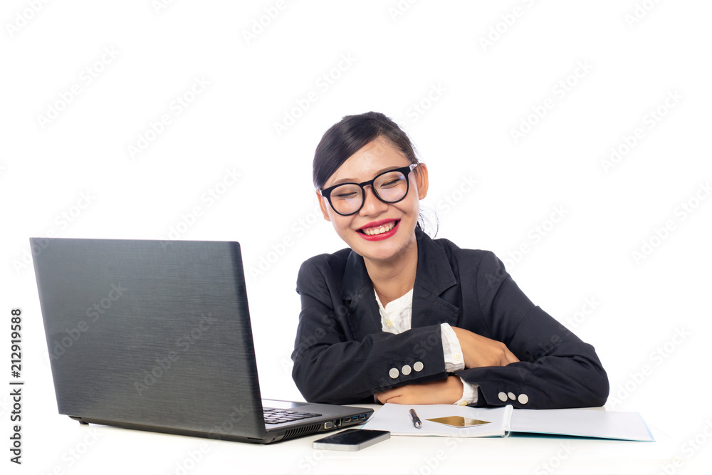 Office lady smiling cheerfully on white background.