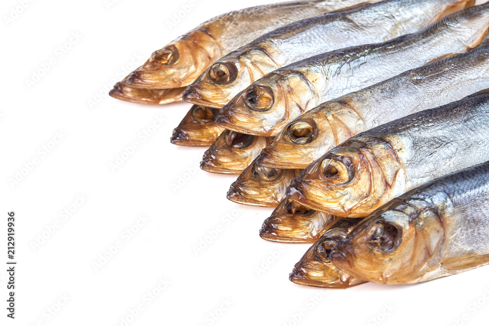 Smoked fish Baltic herring isolated on white background