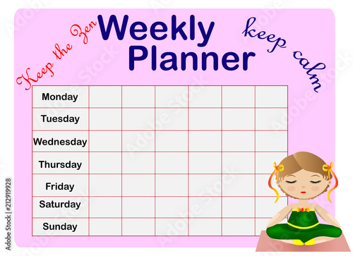 Weekly planner. Cute page for notes. Notebooks,decals, diary, school accessories. Cute romantic vector page.