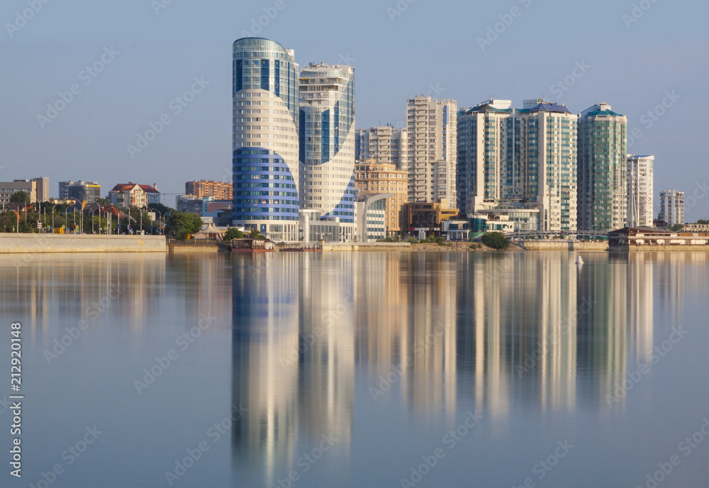The city of Krasnodar, the Kuban River House reflection in the water