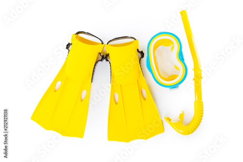 Foto Diving equipment goggles,snorkel and flippers on white background