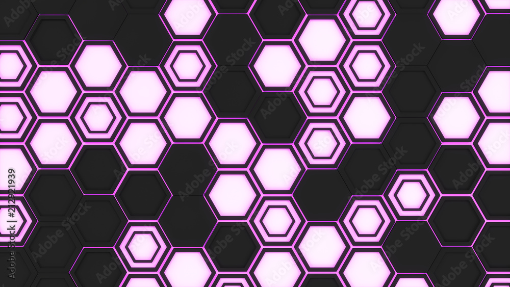 Abstract 3d background made of black hexagons on orange purple background Abstract 3d background made of black hexagons on orange purple background