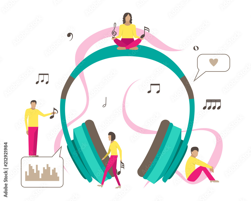 Vector illustration for musical industry with small men and earphone.