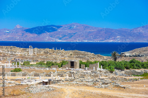Ancient ruins in the island of Delos in Cyclades, one of the most important mythological, historical and archaeological sites in Greece.