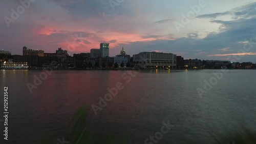 River St Savannah Georgia Drone Shot with Ferry