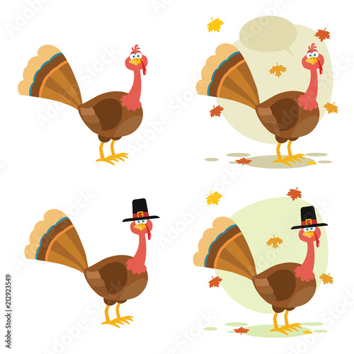 Thanksgiving Turkey Bird Cartoon Mascot Character Set 5. Collection Isolated On White Background