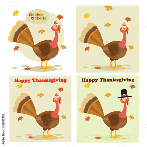 Thanksgiving Turkey Bird Cartoon Mascot Character Set 6. Vector Collection Isolated On White Background