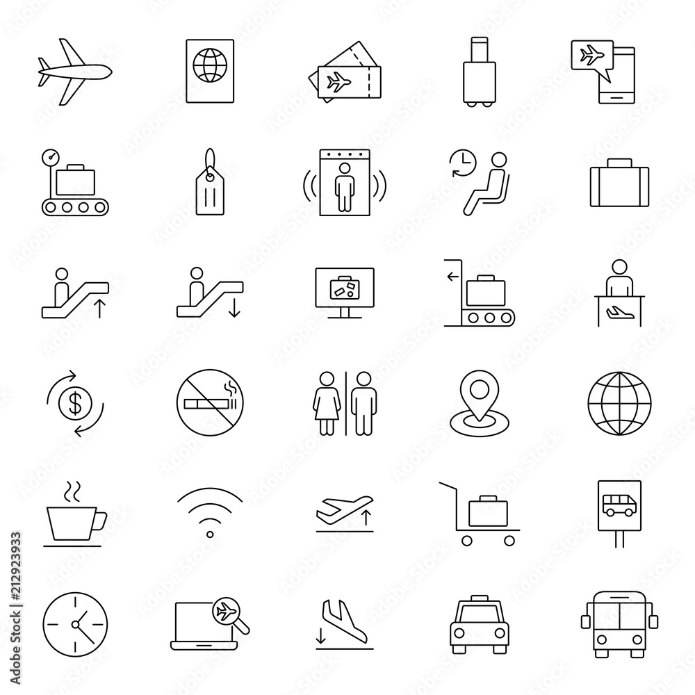 travel airport flight line black icons set on white background