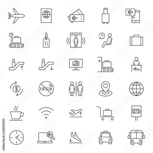 travel airport flight line black icons set on white background
