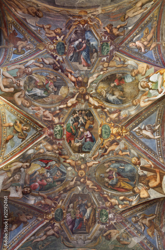 PARMA, ITALY - APRIL 17, 2018: The fresco Nativity on the cieling of church Chiesa di Santa Maria degli Angeli by Pier Antonio Bernabei (1620).